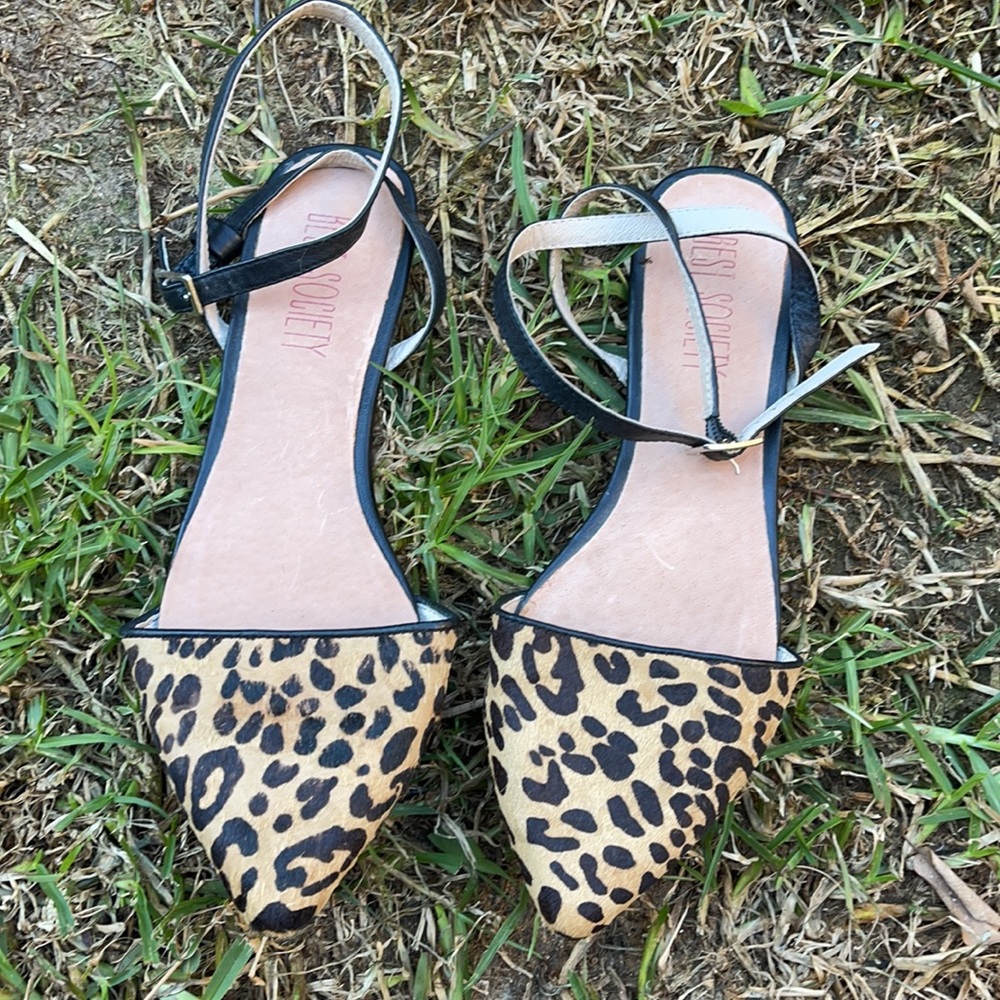 Cheetah Print Calf-Hair, Leather, Pointed-Toe, Wrap-around Ankle Strap, Flats